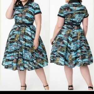 Unique Vintage Blue & Black Alexis Swing Dress in Sailboats and Palm Print 3x/20